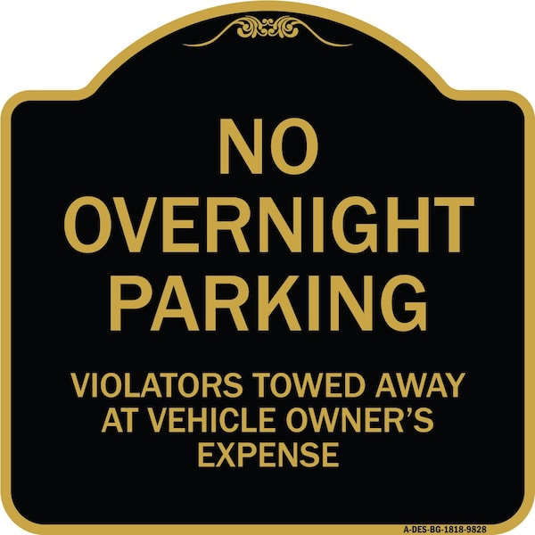 Signmission Designer Series-No Overnight Parking, Black & Gold Heavy-Gauge Aluminum, 18" x 18", BG-1818-9828 A-DES-BG-1818-9828 - main